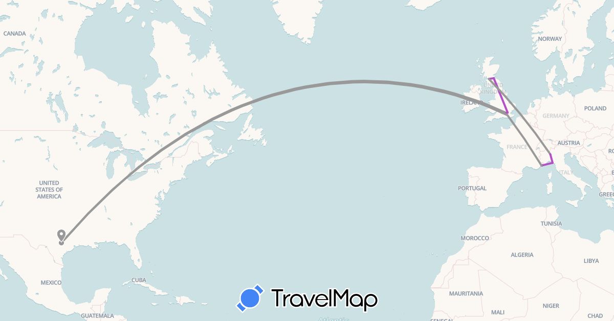 TravelMap itinerary: driving, plane, train in France, United Kingdom, Italy, Monaco, United States (Europe, North America)